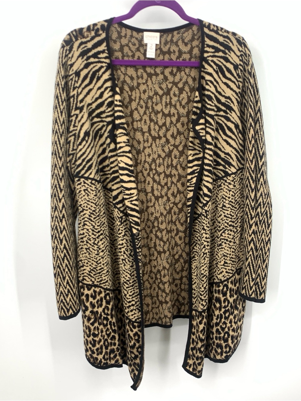 Chicos Women Size 2 Large Cardigan Open Front Top Brown Black Animal Print Knit